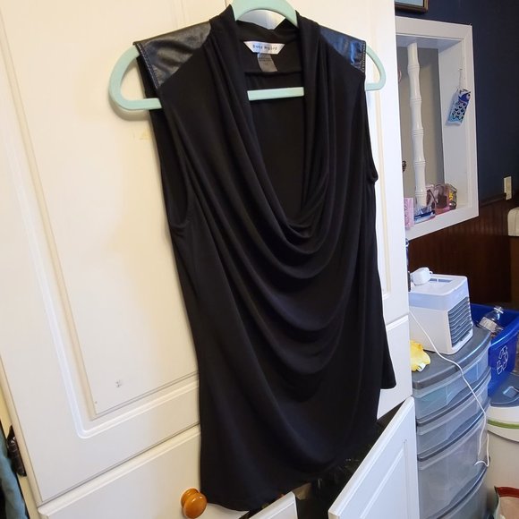 💖2 for $30!💖  Bianca Nygard Black PU Leather Detail Sleeveless Cowl Tank Top - Picture 1 of 8